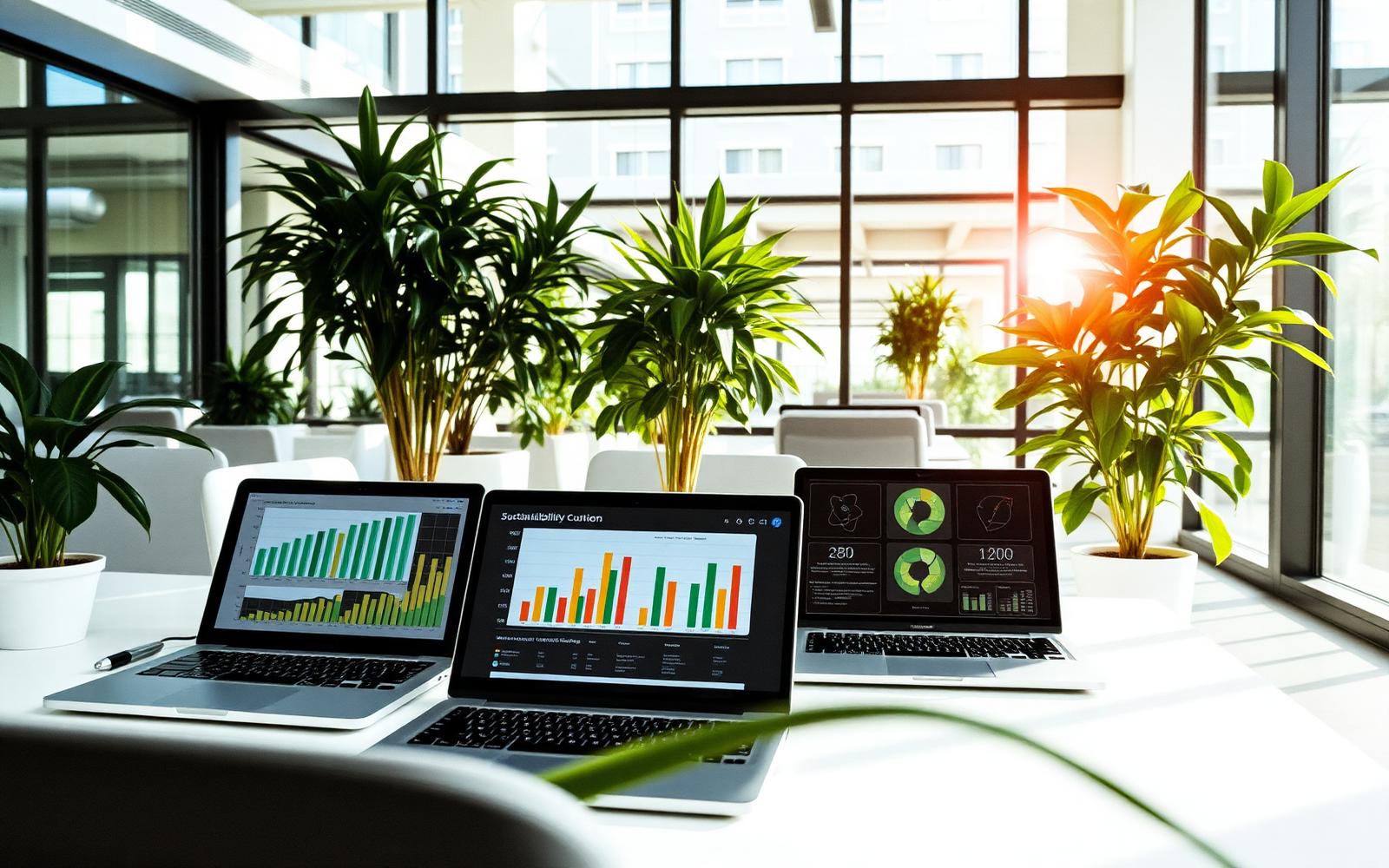 Office laptops showing sustainability charts